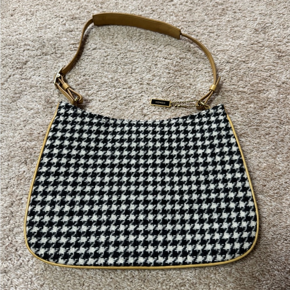 COACH Black & White Houndstooth Shoulder Bag with Tan Trim